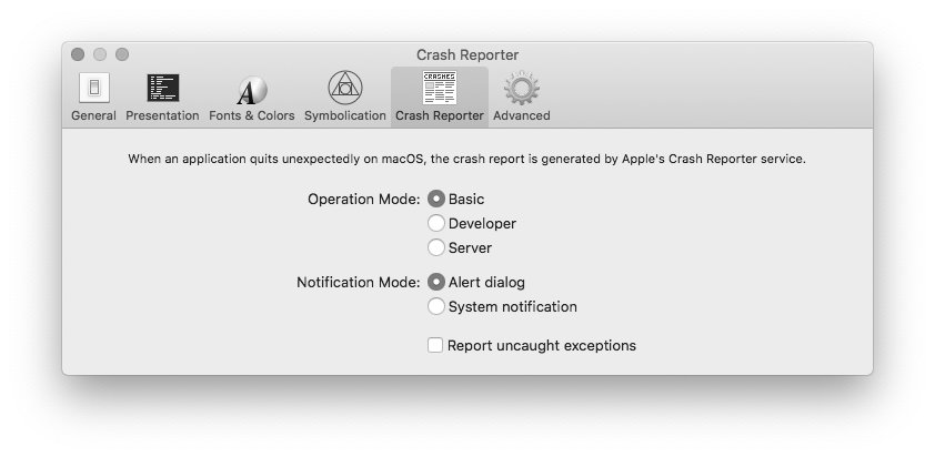 Preferences - Crash Reporter